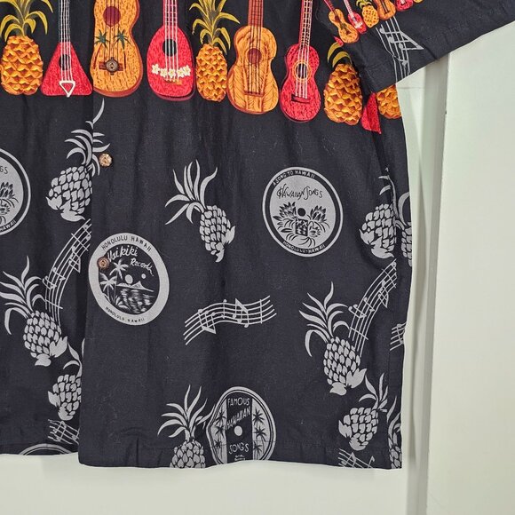 Vintage Winnie Fashion Hawaiian Shirt Black Pineapple Ukulele Music Mens XL - Picture 6 of 10